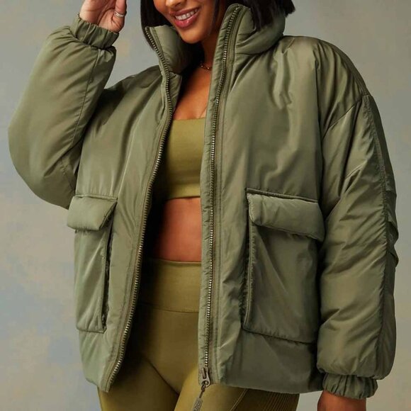 NEW Fabletics Khloe Kardashian All Weather Puffer Jacket Dark Moss Shine XXL 1X - Picture 2 of 16
